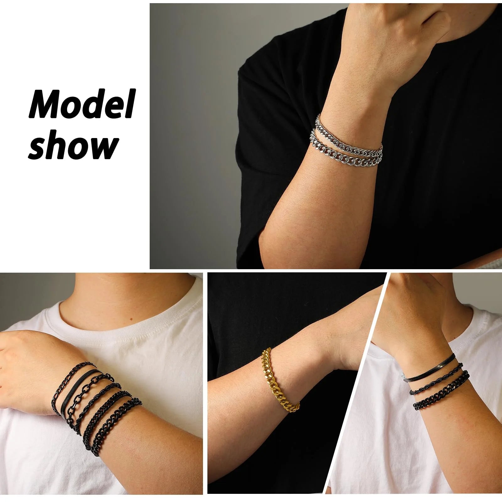 6 Pcs Silver Bracelets for Men Boys Women Stainless Steel Cuban Link Curb Rope Paperclip Figaro Herringbone Chain Bracelets Set Birthday Jewelry Gifts Ideas Teen Kids Age 6.5/7/7.5/8.3/9 Inches